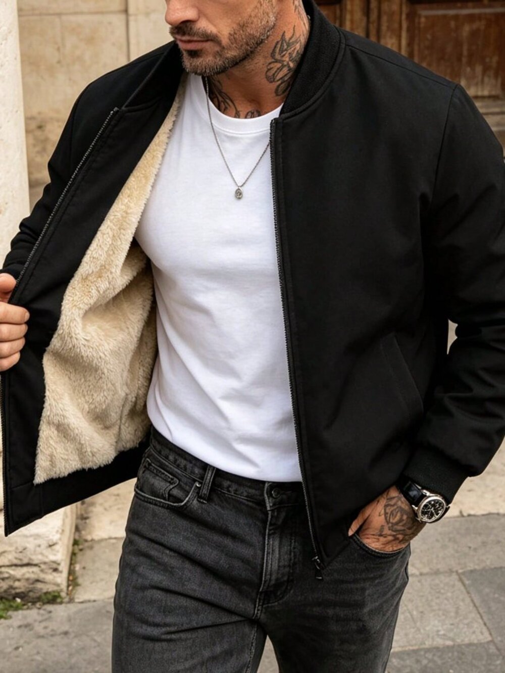 Black Casual Men's Thermal Lined Casual Jacket